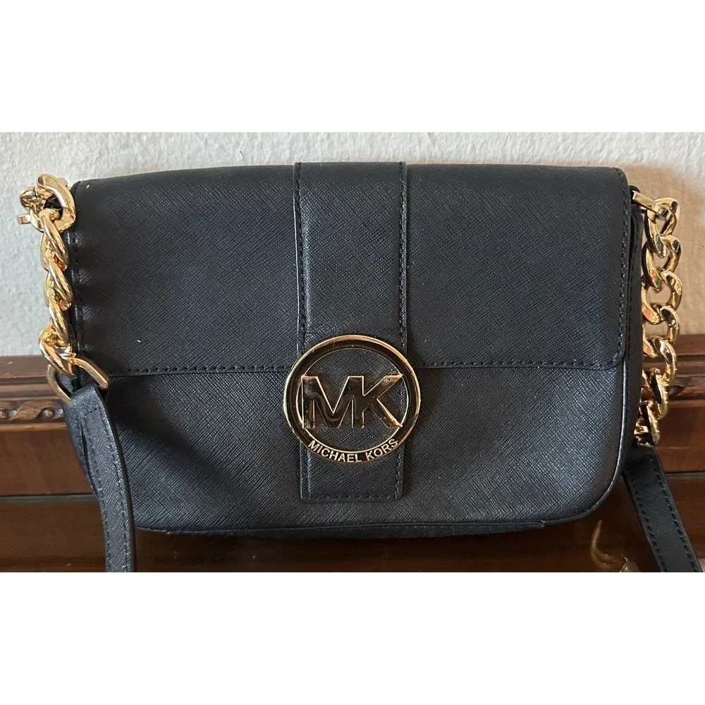 Michael Kors Black and Gold Small Leather‎ Crossbody Bag
